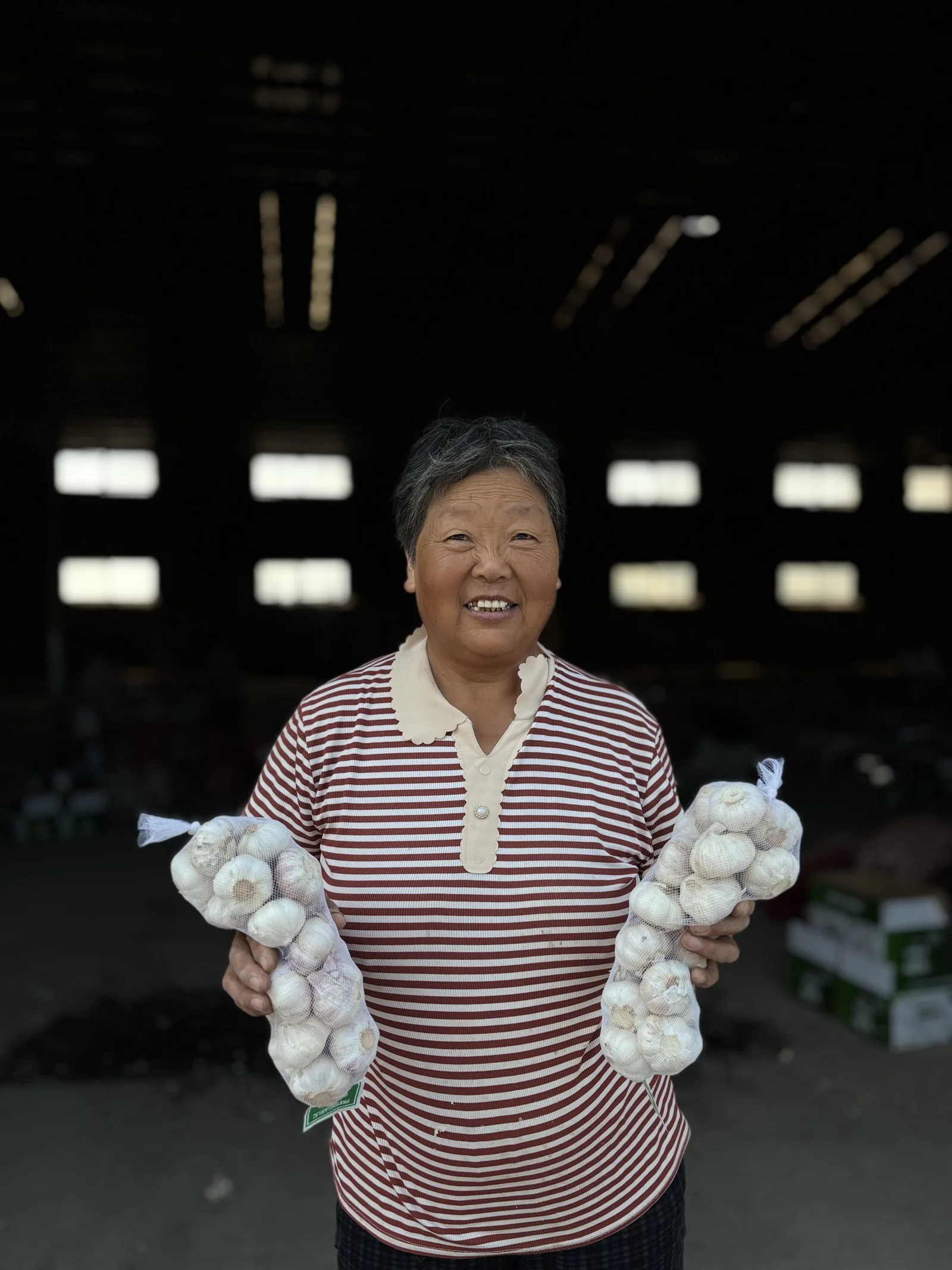 A person holding garlic bulbs at our Qixian operation